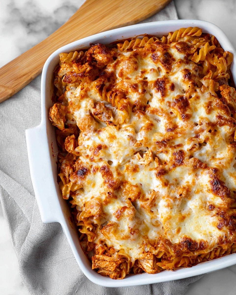 This dish is a baked pasta casserole in a white baking dish, showing one visible layer of curly pasta mixed with pieces of cooked chicken and a reddish sauce. The entire surface is covered with melted cheese that is browned in spots, creating a textured golden layer with some stretch marks where it has been pulled. The edges of the pasta are slightly darker from baking, and the dish is placed on a light gray cloth with a wooden spatula resting at the top. The background is a white marbled surface. Photo taken with an iphone --ar 4:5 --v 7