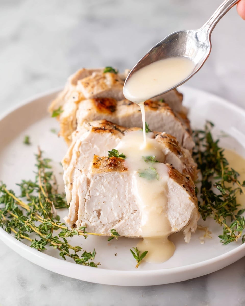 A white plate holds three pieces of cooked chicken layered together, each piece showing a light brown grilled texture on the edges and white moist meat inside, with fresh green thyme sprigs placed around the chicken for garnish. A silver spoon held by a woman's hand is pouring creamy white sauce with a smooth texture over the center piece of chicken. The scene is set on a white marbled surface. photo taken with an iphone --ar 4:5 --v 7