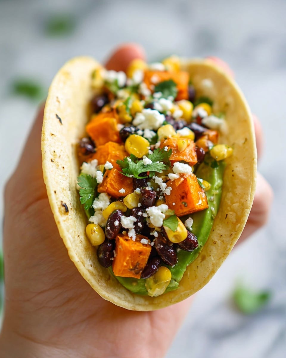 A small, soft, light yellow tortilla held by a woman's hand filled with layers of colorful vegetables and toppings. The first layer is a large green slice of avocado lining the inside of the tortilla. On top of this, there are bright orange cubes of cooked sweet potato mixed with shiny black beans and yellow corn kernels. Scattered over the vegetables are small green cilantro leaves adding a fresh look. The final layer is white crumbled cheese sprinkled evenly over the top. The background shows a soft white marbled texture. photo taken with an iphone --ar 4:5 --v 7