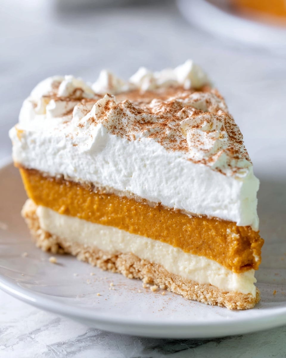 The image shows a pie with two slices on white plates and the rest of the pie in an aluminum pie pan. The pie has three clear layers: a light brown, crumbly crust at the bottom, a thick orange filling in the middle, and a thick white fluffy topping dusted with a light brown powder on top. The plates and the pie pan are on a white marbled surface next to a blue checkered cloth and three silver forks arranged on the right side. photo taken with an iphone --ar 4:5 --v 7