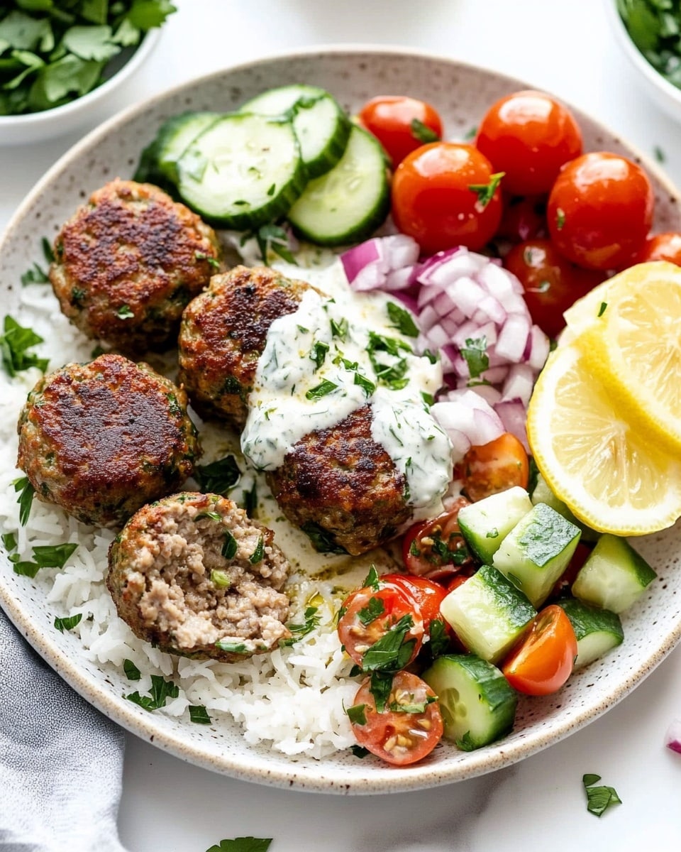 The dish is served on a white plate placed on a white marbled surface. It has five round meatballs with a brown crispy outside arranged in a circle, with one meatball cut in half to show the light brown inside with herbs. A white creamy sauce with green herbs is drizzled over the middle meatballs. There is a colorful side salad made of bright red cherry tomatoes, green cucumber pieces, and small white cheese cubes, all mixed with herbs and dressing, placed on the right side of the plate. The bottom of the plate contains a layer of white rice. Around the plate, there are small white bowls with sliced red onions, fresh herbs, and lemon slices. The whole scene has bright natural light and soft shadows. Photo taken with an iphone --ar 4:5 --v 6.1