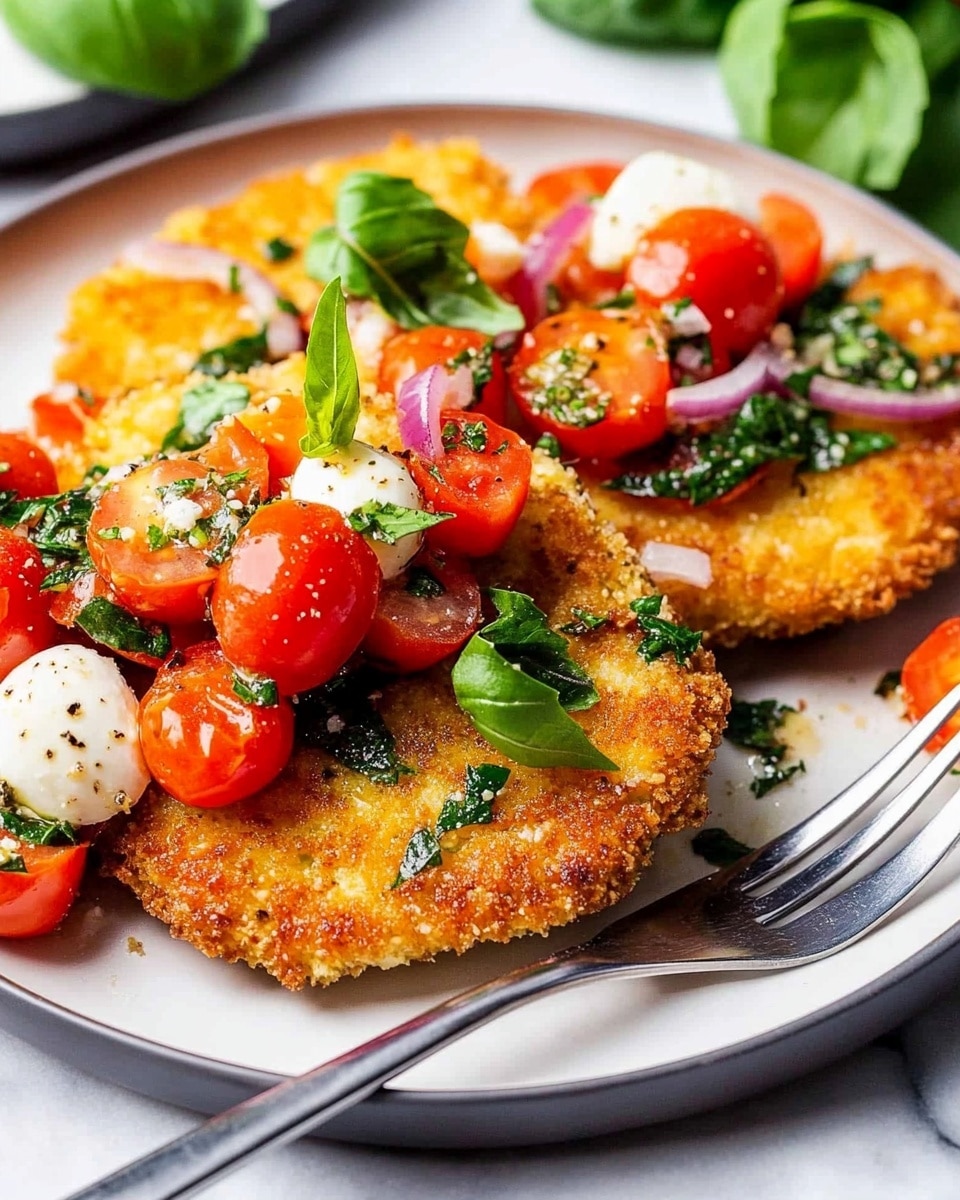 A white plate on a white marbled surface holds two pieces of golden brown fried cutlets with a crispy texture and irregular shapes, drizzled with a bright green sauce. On the left side of the plate, there is a colorful salad made of halved red, orange, and yellow cherry tomatoes, along with small chunks of white mozzarella cheese that have a fresh, smooth texture, all lightly coated in green herb dressing. A wedge of lemon with a bright yellow peel sits at the top right corner of the plate. Photo taken with an iphone --ar 4:5 --v 6.1