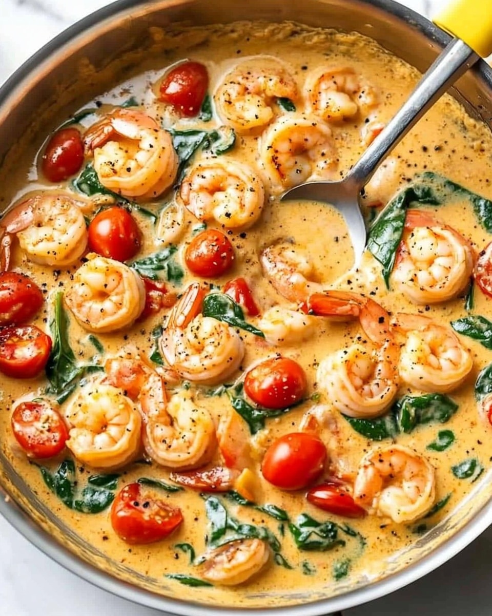 The dish shows a large silver pan filled with a creamy sauce that is light orange in color. The sauce is thick and has many pieces of cooked shrimp that are pink and curled, spread evenly in all parts of the pan. Bright red cherry tomatoes are scattered throughout, adding pops of color, and there are fresh dark green spinach leaves mixed in. Small black pepper flakes are sprinkled on top, giving a little texture. A large silver spoon with a yellow handle is resting in the pan, slightly submerged in the sauce. The background is a white marbled surface. photo taken with an iphone --ar 4:5 --v 6.1