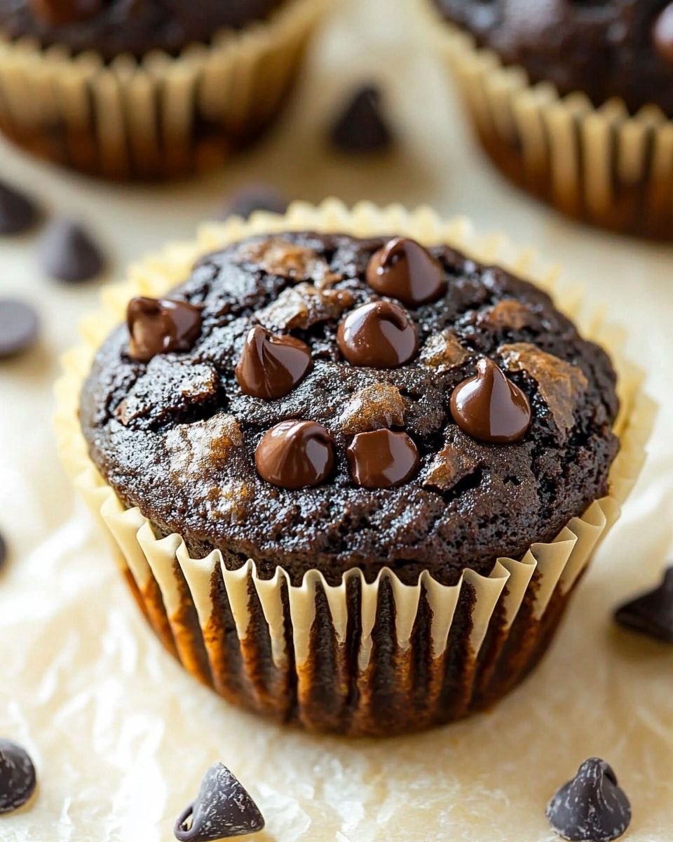 A close-up view of six dark chocolate muffins arranged closely on a white plate with colorful polka dots. Each muffin is topped with many small chocolate chips that add a slightly bumpy texture. The muffins are in yellow paper liners, showing a rough, moist-looking texture on top. The plate is placed on a wooden surface, adding a warm background. photo taken with an iphone --ar 4:5 --v 6.1