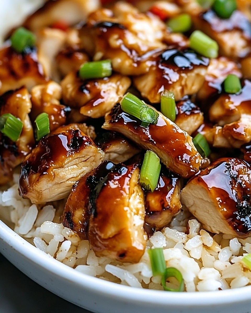 A close-up view of a dish showing two main layers: the bottom layer is white rice with a slightly fluffy texture, evenly spread across the base of a white bowl; the top layer consists of small, bite-sized pieces of cooked chicken coated with a shiny dark brown sauce, giving the chicken a glazed look, with tiny green herb pieces sprinkled on top as garnish. The overall look is warm and inviting, placed on a white marbled texture surface, photo taken with an iphone --ar 4:5 --v 6.1