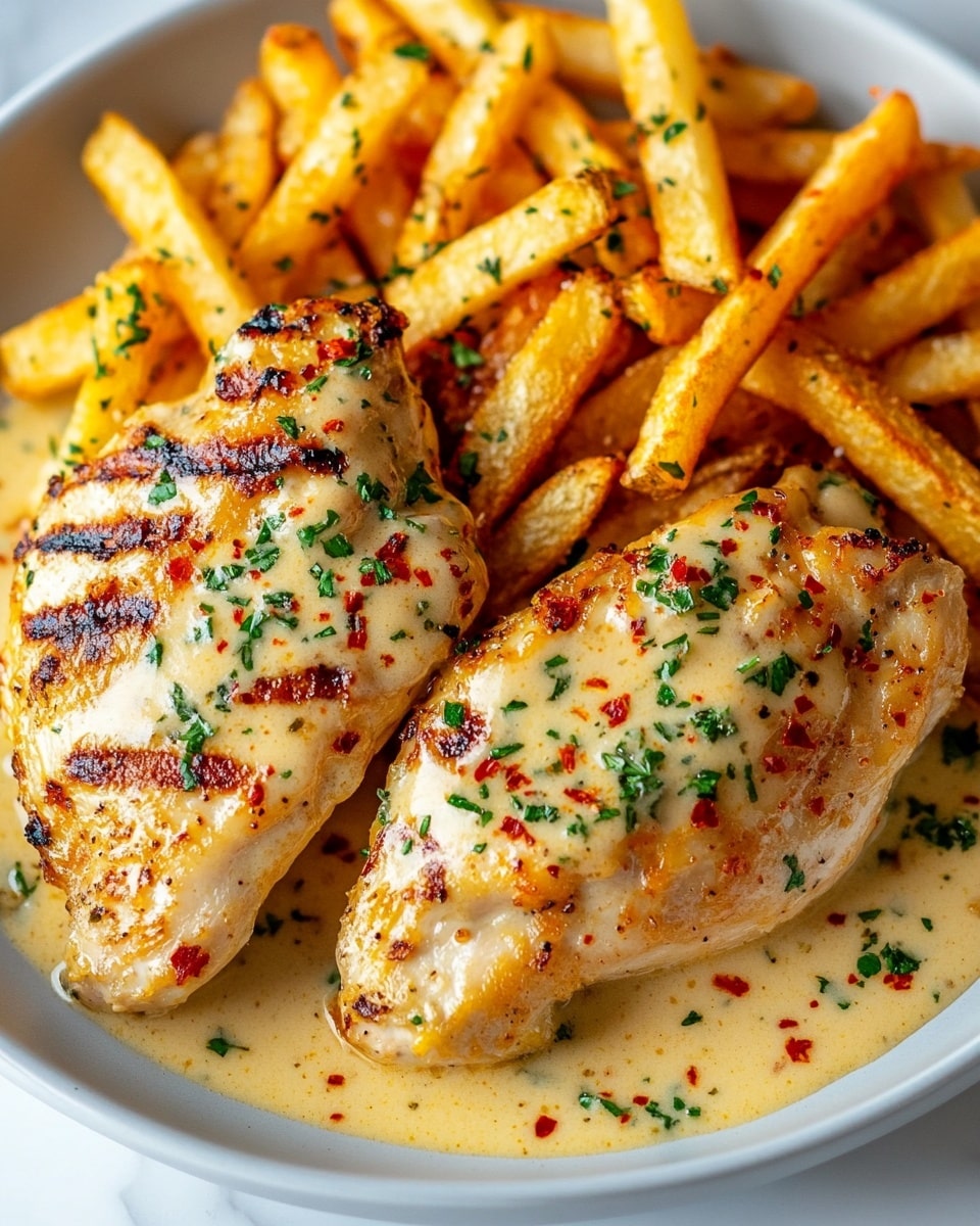 Two grilled chicken pieces with a golden brown crust sit on top of a creamy yellow sauce sprinkled with red chili flakes and chopped green herbs. Around the chicken, there are many golden fries with a crisp texture, also lightly speckled with green herbs. All of this is arranged on a white plate, placed on a white marbled surface. The lighting highlights the textures and colors, making the dish look warm and tasty. photo taken with an iphone --ar 4:5 --v 6.1