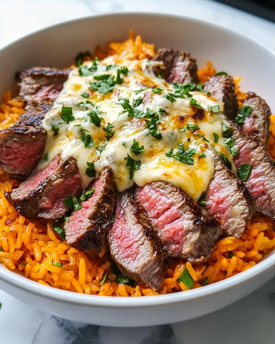 The dish is served in a black pan, filled with two main layers. The bottom layer is golden-orange cooked rice mixed with bright orange chunks of cooked vegetables. The top layer has many pieces of browned grilled beef, with some white creamy sauce drizzled over the meat. Small green leaves of chopped herbs are scattered over all the layers, adding a fresh contrast. The pan is placed on a surface with white marbled texture photo taken with an iphone --ar 4:5 --v 6.1