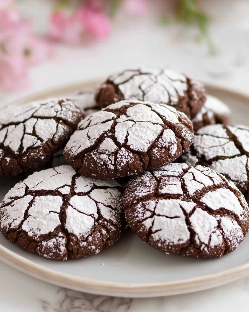 A white plate holds a pile of dark brown round cookies topped with cracked white powdered sugar, creating a pattern of white patches and dark lines on each cookie. The cookies have a rough, cracked texture and are stacked closely together. The background shows a white marbled surface with soft pink flowers blurred in the distance. Photo taken with an iphone --ar 4:5 --v 6.1
