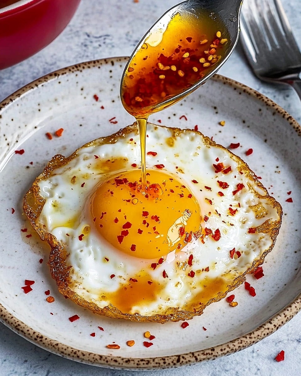 A close-up view of a clear glass jar filled with a dark red chili oil, showing many chili flakes and seeds suspended in the oil. A light wooden spoon is scooping out a spoonful from the jar, with visible layers of deep red oily liquid and small bits of crushed chili and seeds that have a textured, slightly oily look. The jar sits on a white marbled surface. Photo taken with an iphone --ar 4:5 --v 6.1