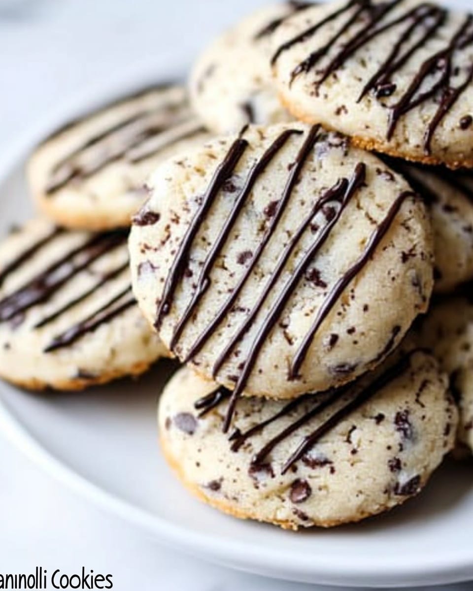 A white plate sits on a white marbled surface with a stack of round, light beige cookies that have a rough texture and dark chocolate chips inside. Each cookie is drizzled with thin lines of dark chocolate sauce, creating a crisscross pattern on the top. In the background, there are more white plates stacked with similar cookies and two tall glass bottles filled with milk next to a white cloth napkin with red stripes. The scene is softly lit, making the cookies look fresh and inviting. photo taken with an iphone --ar 4:5 --v 6.1