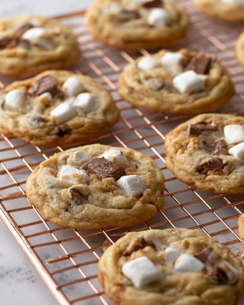 The image shows two thick cookies on a white plate with blue floral designs, each cookie filled with chunks of light brown chocolate and small white marshmallows, giving a bumpy texture. The plate sits on a soft pink cloth on a white marbled surface with scattered marshmallows and rectangular pieces of dark brown chocolate around it. To the side, there is a clear glass filled with white milk, and some square graham crackers are placed nearby. The scene is warmly lit, highlighting the soft texture of the cookies and the smoothness of the milk. photo taken with an iphone --ar 4:5 --v 7