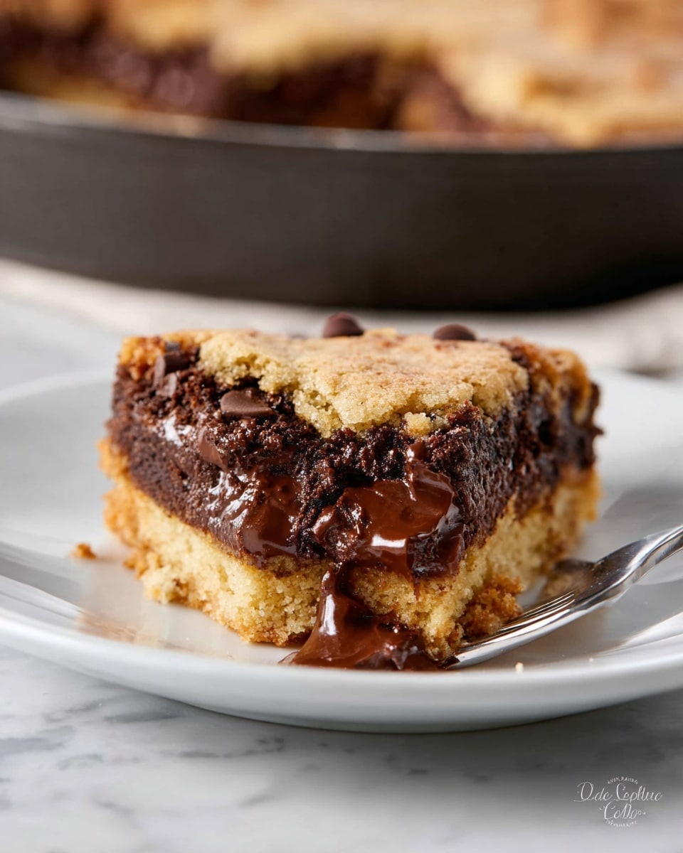 A close-up image shows a slice of dessert with three distinct layers on a white plate placed on a white marbled surface. The bottom layer is a golden-brown crumbly crust. The middle layer is thick, dark brown, and rich-looking chocolate filling that appears soft and slightly melted. The top layer is a light golden cake or cookie dough layer with a slightly cracked and textured surface. A silver fork is digging into the right side of the chocolate layer. The background reveals a blurred skillet filled with more of the same dessert. photo taken with an iphone --ar 4:5 --v 7