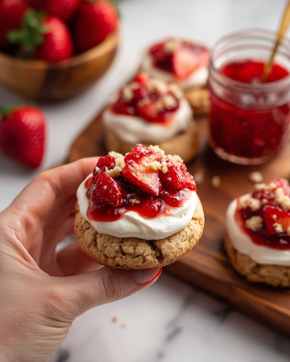 Two round cookies sit on crinkled light brown parchment paper over a white marbled surface. Each cookie has three layers: a golden brown rough-textured outer layer, a creamy swirl of white filling at the center, and a bright red layer of strawberry jam mixed into the cream. Small broken pieces of the same golden brown cookie dough are scattered on top and around the cookies. Fresh whole and halved strawberries with green leafy tops are placed nearby, adding a fresh red and green color contrast. The lighting is warm and natural, showing the cookies’ soft yet crumbly texture. Photo taken with an iphone --ar 4:5 --v 7