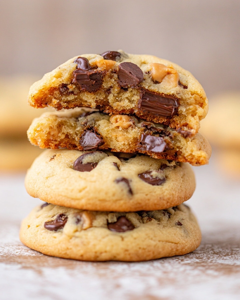 A stack of three soft chocolate chip cookies is shown on a white marbled surface. The bottom layer is a whole round cookie with a light golden-brown color and smooth surface dotted with light brown and dark chocolate chips. The middle layer is another whole cookie with a similar light golden-brown color, partly covered by the top layer. The top layer consists of the upper halves of a cookie broken in two, showing a moist and dense inside filled with melted dark and light brown chocolate chips. The edges of the cookies have a soft texture with some light crispiness. Photo taken with an iphone --ar 4:5 --v 7