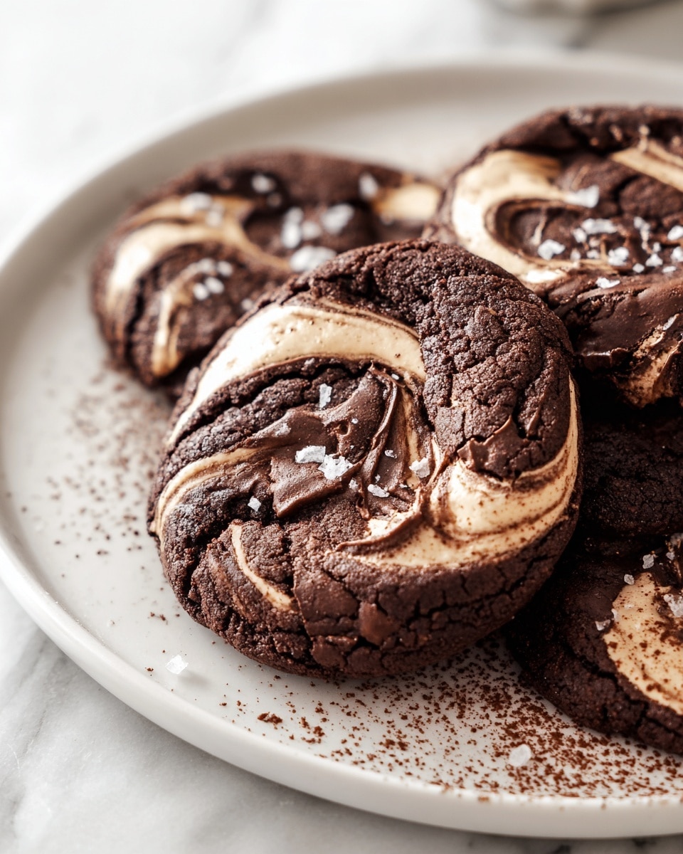 The image shows four round chocolate cookies on a white parchment paper with a white marbled surface underneath. Each cookie has a cracked, textured dark brown top layer with melted chocolate swirled unevenly across, creating glossy patches and rough crack lines. The center of each cookie has a soft, lighter brown cream or marshmallow layer that is slightly melted and blends into the cookie. Scattered small chocolate chunks rest on the parchment paper, adding depth and detail to the scene. Photo taken with an iphone --ar 4:5 --v 7