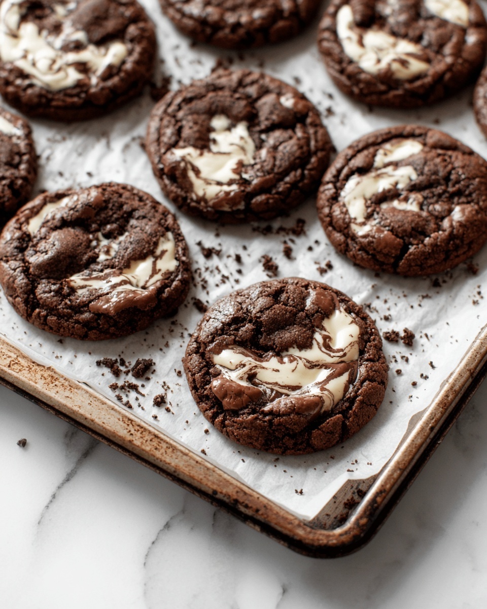 The image shows a tray full of round chocolate cookies arranged in rows on white parchment paper. Each cookie has a dark brown cracked texture on top with melted white chocolate swirled in the center, creating a marbled effect. The tray is placed on a white marbled surface, and the edges of the baking tray are rustic and slightly worn, adding to the homemade feel. There are small chocolate crumbs scattered lightly around the cookies. Photo taken with an iphone --ar 4:5 --v 7