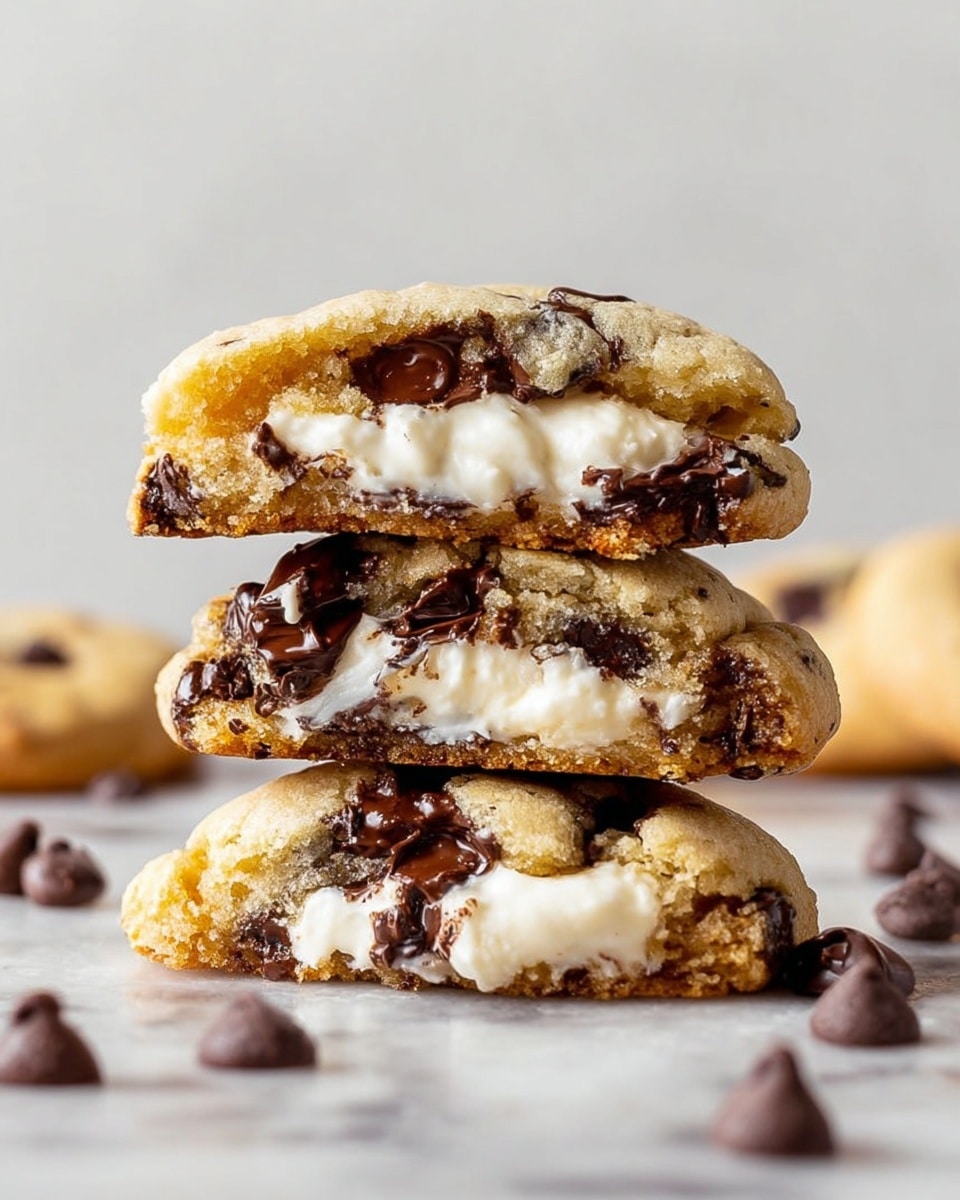 Three soft chocolate chip cookies are stacked on a white marbled surface. Each cookie has a golden-brown outer layer with visible dark melted chocolate chunks embedded in the dough. Inside, there is a thick white creamy filling in the center of each cookie. The texture of the cookie dough looks soft and slightly crumbly, while the chocolate pieces appear melted and smooth. Scattered chocolate chips lie around the stack on the white marbled surface. Photo taken with an iphone --ar 4:5 --v 7