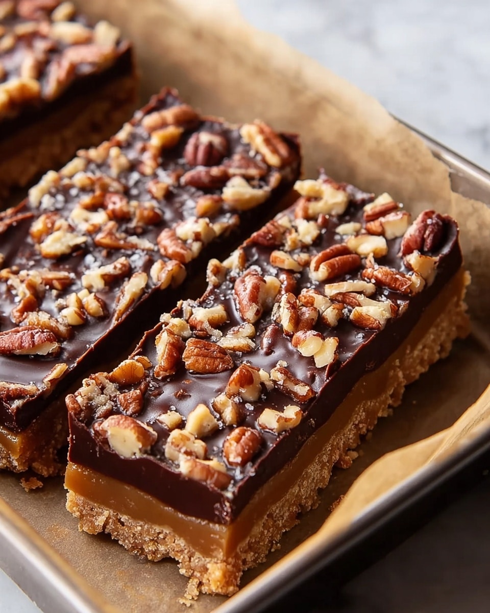 The image shows two rectangular bars with three clear layers placed in a baking tray lined with parchment paper. The bottom layer is a thick, crumbly light brown crust. The middle layer is a smooth, light caramel color. The top layer is a glossy, dark chocolate coating scattered with whole and chopped pecans, giving a rough texture. The edges of the bars are slightly uneven, showing the layers clearly. The baking tray sits on a white marbled surface. photo taken with an iphone --ar 4:5 --v 7