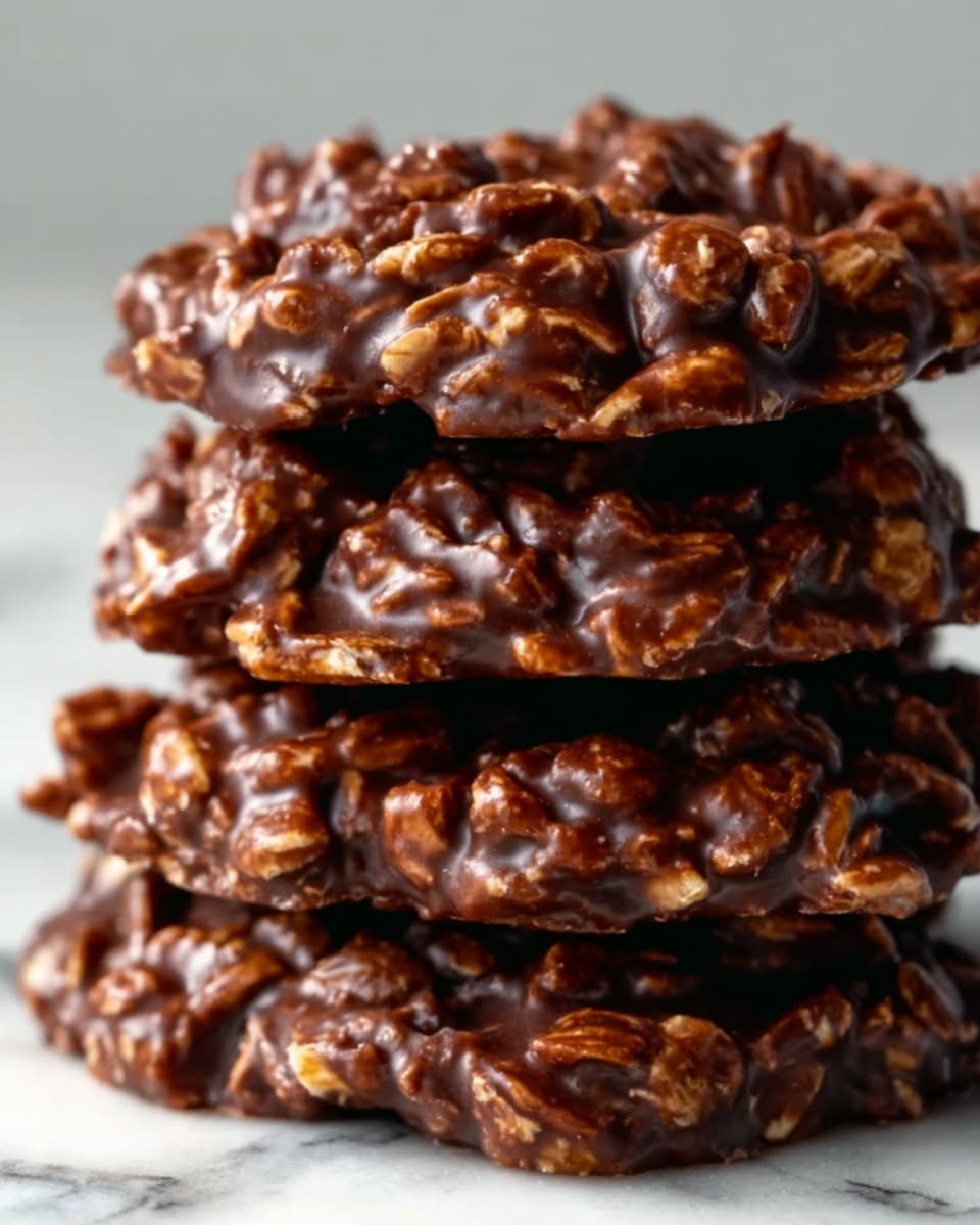 A white plate holds a stack of thick, rough-textured chocolate no-bake cookies. The cookies show visible oats mixed with a shiny, dark brown chocolate layer, giving a chunky and slightly glossy look. The plate sits on a white marbled surface. photo taken with an iphone --ar 4:5 --v 7