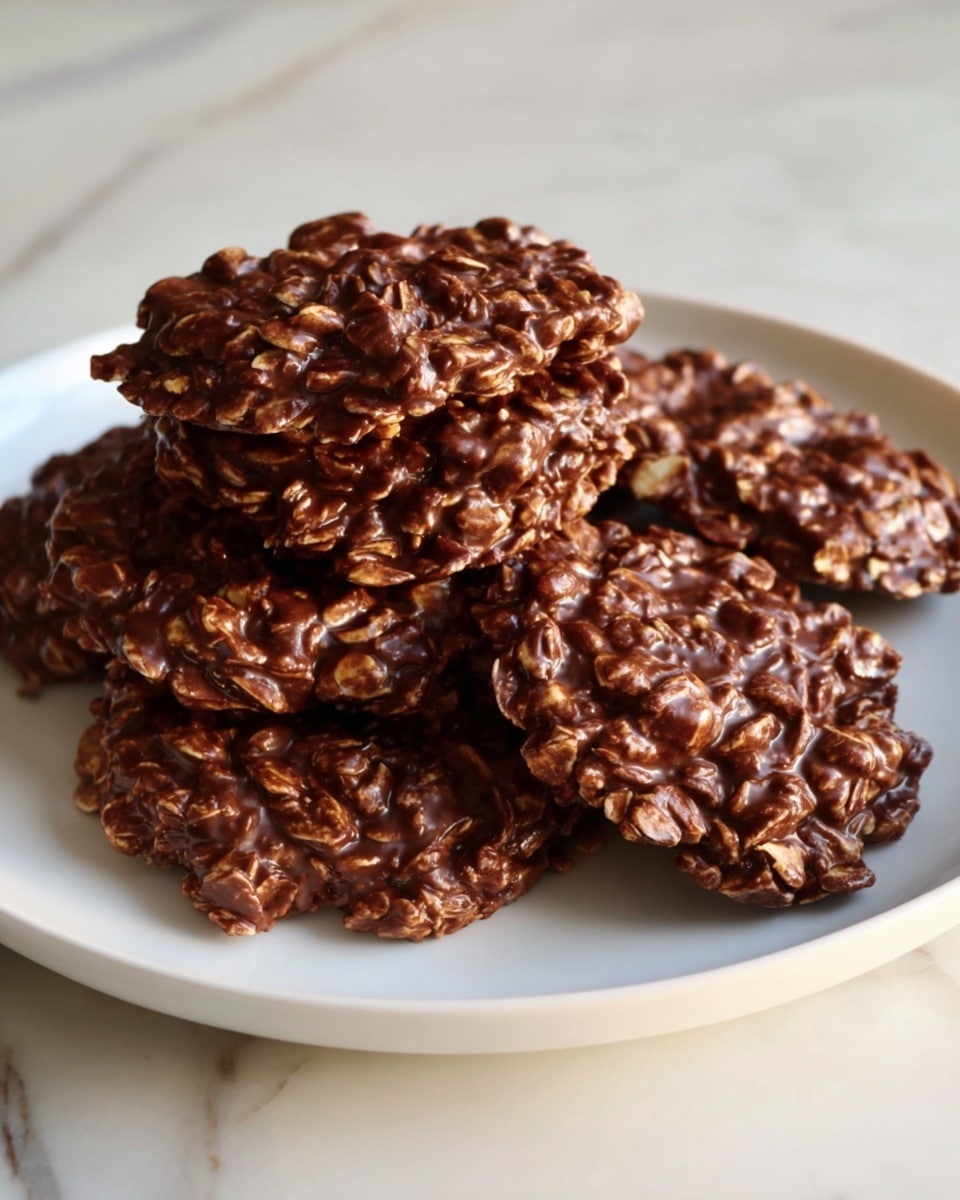 The image shows a close-up view of several no-bake cookies stacked together. Each cookie has a rough, uneven surface with visible oats mixed in a glossy, rich dark brown chocolate coating. The cookies appear thick and chunky with a sticky texture holding the oats together. The background is a white marbled texture. Photo taken with an iphone --ar 4:5 --v 7