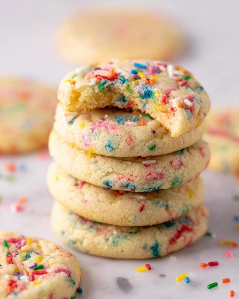 A stack of five round sugar cookies with colorful sprinkles is placed on a white marbled surface. The top cookie has a small bite taken out of it, showing a soft, pale yellow inside with sprinkles embedded throughout. The cookies have a slightly cracked texture on top and are thick and soft-looking. Around the stack are a few more cookies, some fully visible, each with the same round shape and bright sprinkle colors. The background is softly blurred to keep the focus on the cookies. photo taken with an iphone --ar 4:5 --v 7