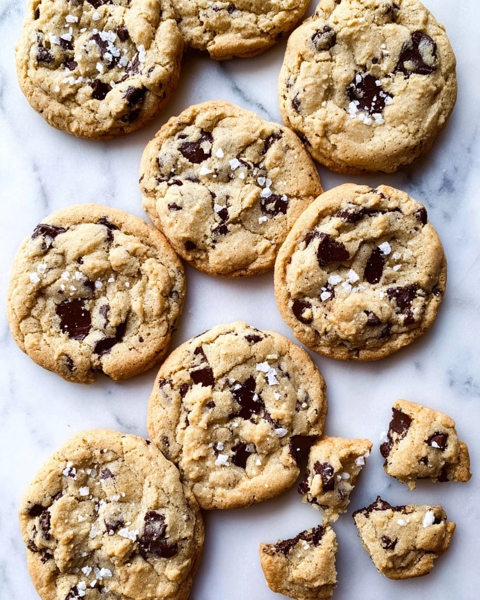 A group of ten round chocolate chip cookies are spread on a white marbled surface, arranged casually in two rows with some slight overlapping. Each cookie is light golden brown with a soft cracked texture and dark chocolate chips scattered throughout. Some cookies have small bits of white salt flakes on top, adding contrast to their warm tone. One cookie at the bottom right is broken into three large pieces, showing its slightly crumbly inside. The cookies vary slightly in size and shape but look freshly baked and inviting. photo taken with an iphone --ar 4:5 --v 7