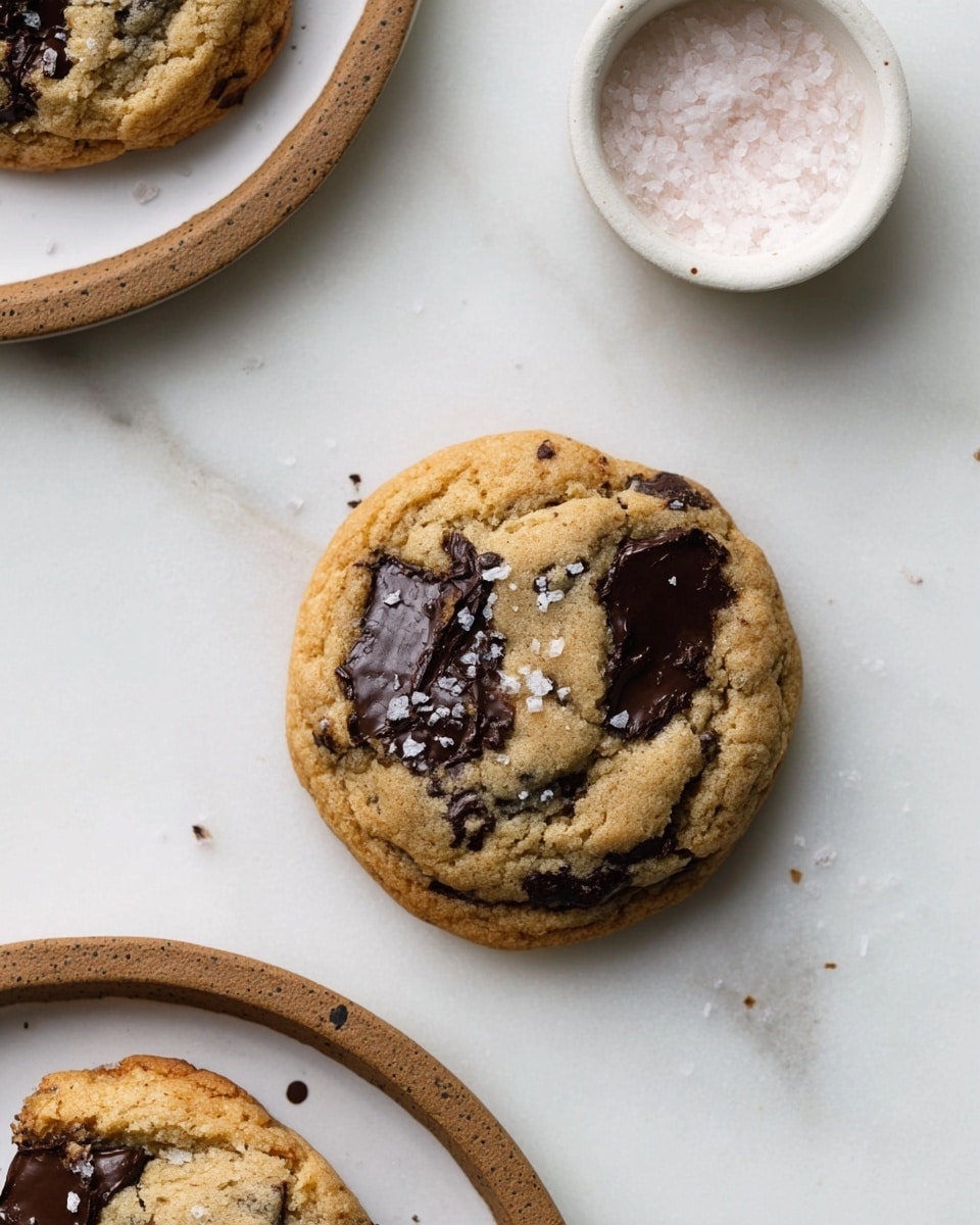 A soft, round cookie with a light brown top filled with melted dark chocolate chunks sits on a white marbled surface. The cookie has a slight crack on top with some salt flakes sprinkled over the chocolate area. Near the cookie, there is a small white bowl filled with coarse salt. Part of another cookie appears on the edge of a white plate with a brown rim, placed in the lower-left corner. In the top part of the image, another cookie is partially visible. The whole scene is set against a clean white marbled background. Photo taken with an iphone --ar 4:5 --v 7