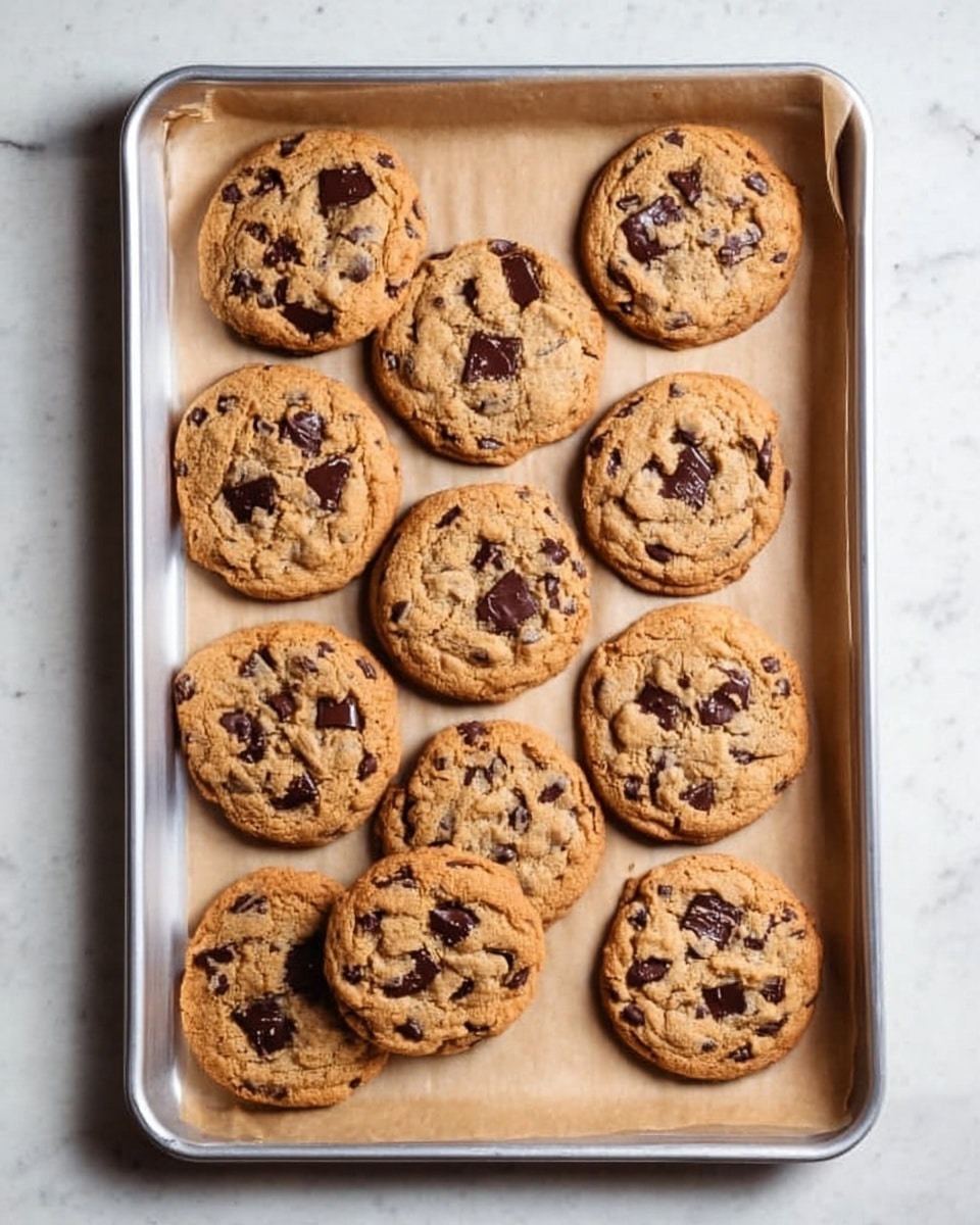 A silver baking tray lined with light brown parchment paper holds thirteen round chocolate chip cookies spread evenly. The cookies are golden brown with a slightly rough texture and scattered large dark chocolate chunks embedded on top. The tray is placed on a white marbled surface with soft natural lighting highlighting the cookie's warm tones and the subtle texture of the parchment paper. photo taken with an iphone --ar 4:5 --v 7
