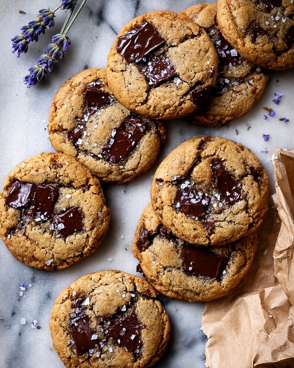 The image shows seven round chocolate chip cookies with a golden-brown color and slightly rough texture, each cookie containing melted dark brown chocolate chunks scattered on top and inside. The cookies are sprinkled lightly with coarse white salt crystals. They are placed on a white marbled surface with some cookies close together and one partly inside a crumpled brown paper bag on the right edge. Some small sprigs of purple lavender flowers are seen above the cookies near the top left corner. Photo taken with an iphone --ar 4:5 --v 7