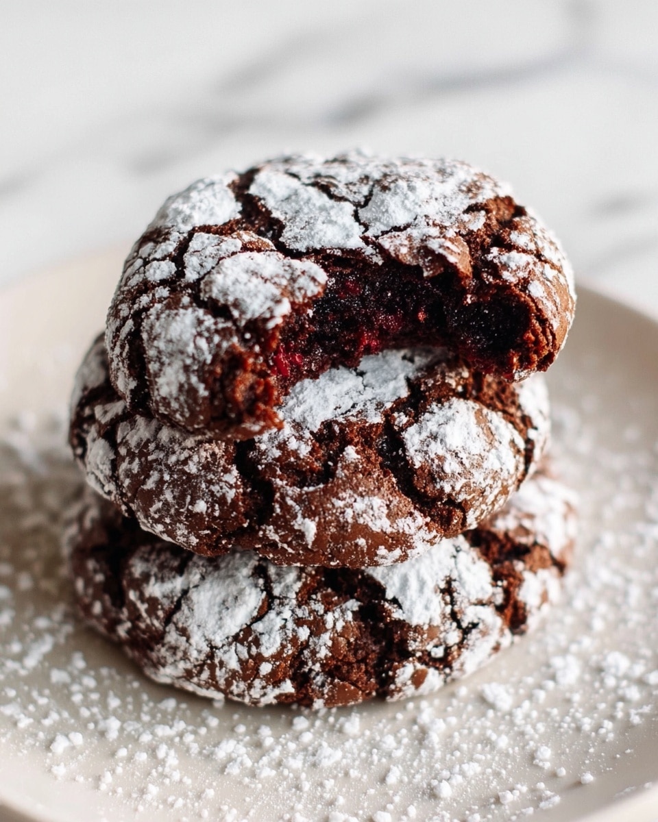 The image shows a white plate with ten round chocolate cookies covered in powdered sugar cracks on top. The cookies have a dark brown color with rough cracked textures revealing the white sugar, making a strong contrast. To the left, part of a white plate holds three smaller broken cookie pieces. Around these plates, there are two white cups with gold rims filled with milk. The background surface is a white marbled texture, and a beige waffle cloth is visible at the bottom left corner. The photo taken with an iphone --ar 4:5 --v 7