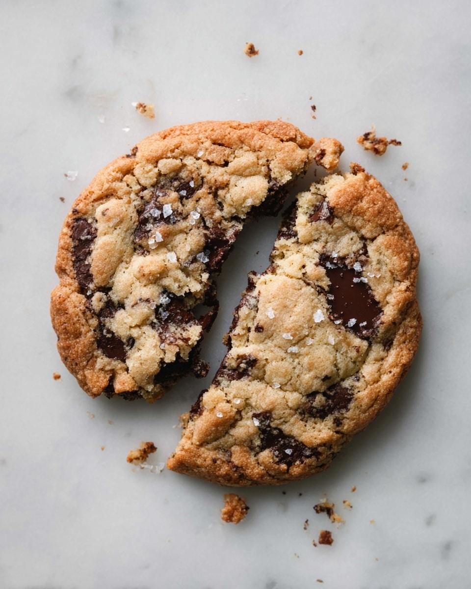 A single large cookie sits on a white marbled surface. It is golden brown with visible dark chocolate chunks spread unevenly throughout. The cookie is broken into two pieces, showing a rough, crumbly texture inside. There are a few shiny flakes of salt on top, and some small crumbs and melted chocolate bits near the cookie on the surface. Photo taken with an iphone --ar 4:5 --v 7