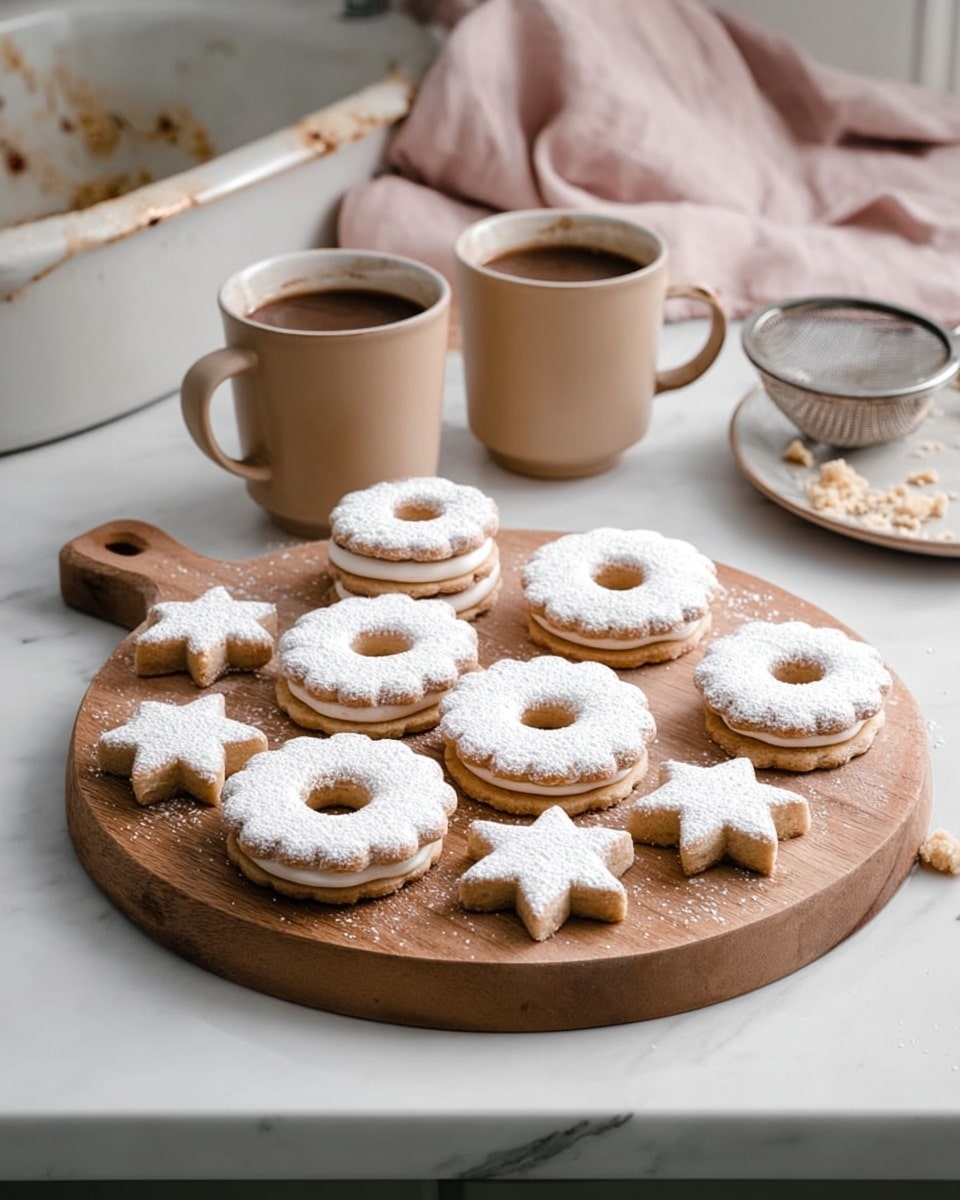 A round wooden board with a handle holds twelve light beige cookies in two shapes: stars and flowers, each with a small round hole in the center showing a shiny amber jelly inside. The cookies have a dusting of white powdered sugar on top, giving them a soft texture. Around the board, there are two pink ceramic cups filled with light brown coffee, a small white bowl containing brown sugar with a white spoon that has black dots, and a light pink cloth nearby. The whole scene is set against a white marbled surface. photo taken with an iphone --ar 4:5 --v 7