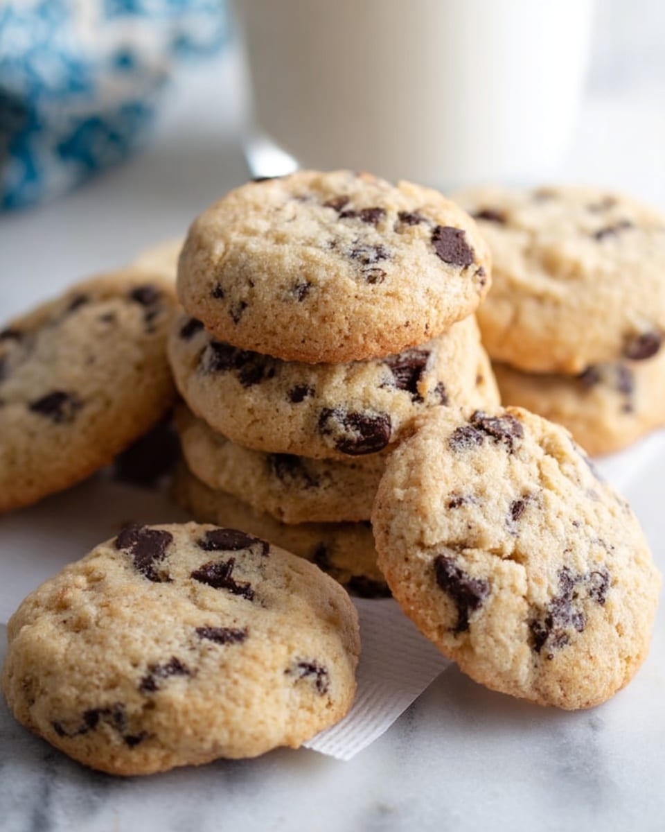 A close-up view of several round cookies with a light golden color, filled with many small dark chocolate bits evenly spread throughout. The cookies have a soft, slightly cracked surface showing a tender texture inside. They are placed on a white marbled surface with one cookie in front clearly in focus, highlighting its uneven, natural shape and crumbly edges. Some loose chocolate pieces lie nearby for added detail. photo taken with an iphone --ar 4:5 --v 7
