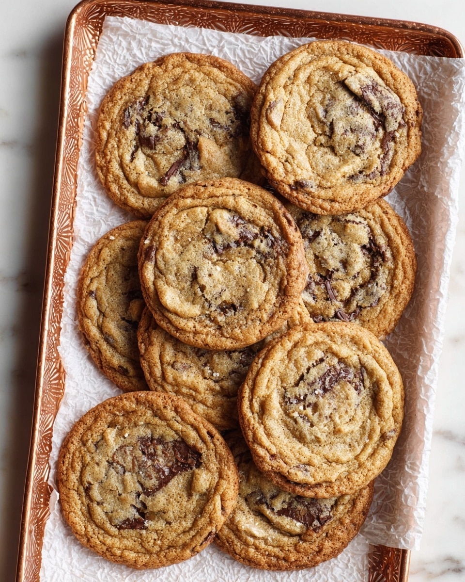 The image shows seven round chocolate chip cookies arranged on a sheet of white crinkled parchment paper covering a baking tray. The cookies are golden brown with slightly darker edges and visible large melted chocolate chunks spread unevenly in each cookie, giving a textured look. The cookies have a soft, slightly wrinkled surface with some sugary crystals shining under the light. There is no plate or bowl present, and the background is not visible beyond the parchment paper and tray. Photo taken with an iphone --ar 4:5 --v 7