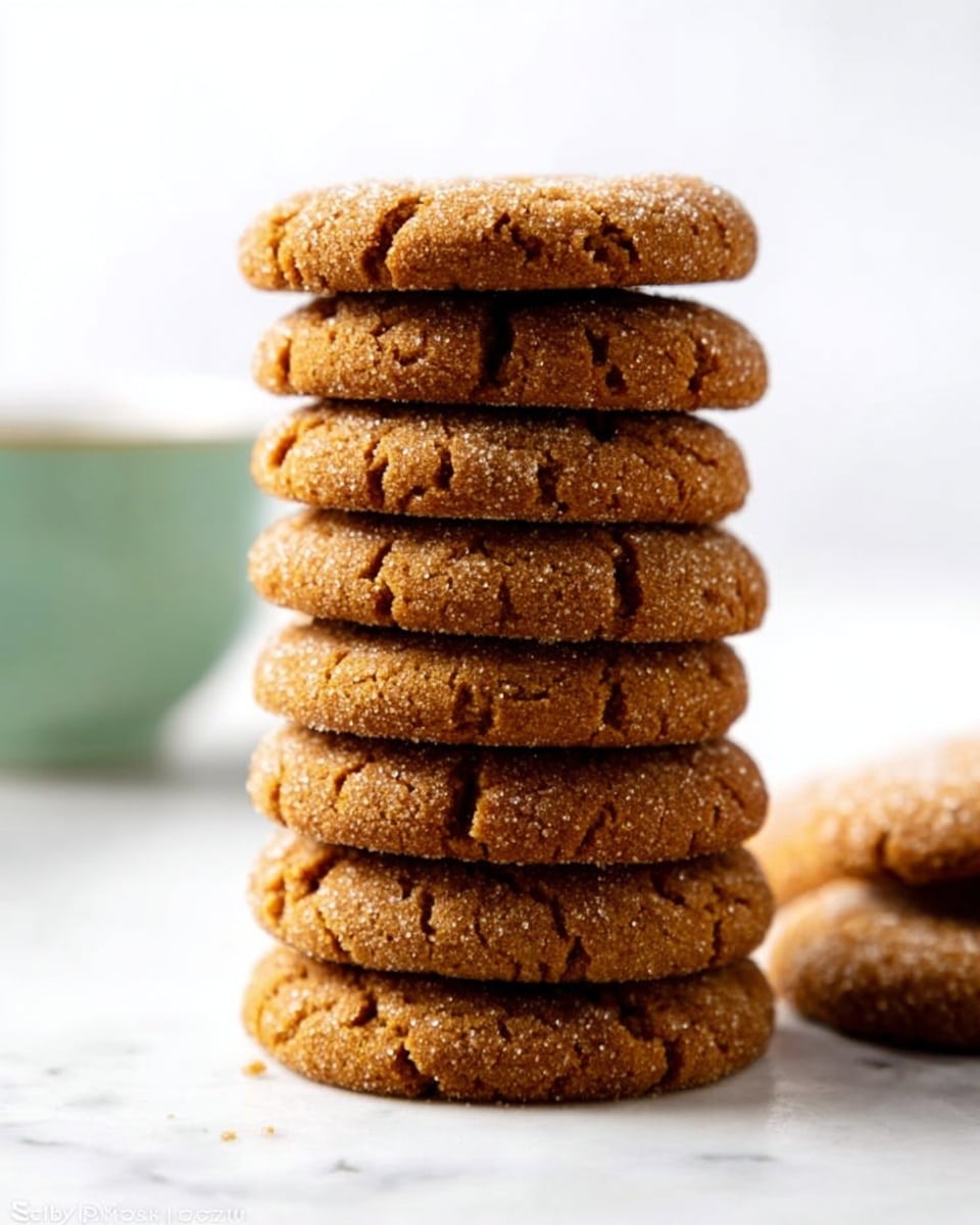 A tall stack of ten round brown cookies with a slightly cracked texture sits centered on a white marbled surface. Each cookie is thick and has a rough, crumbly appearance with a light coating of sugar crystals on top, especially visible on the top cookie. The background is clean and mostly white, with a blurred hint of a light green ceramic cup on the left side. The lighting is bright and natural, showing the warm color of the cookies clearly. photo taken with an iphone --ar 4:5 --v 7