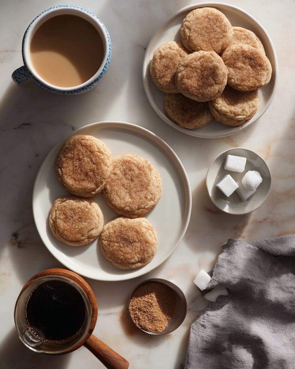 There are two white plates on a white marbled surface, each holding six round cookies with a light golden-brown color and a textured, slightly cracked top dusted lightly with sugar. Between the plates is one single cookie placed directly on the surface. At the top right, there is a white cup filled with light brown coffee, and its lid lies beside it. At the bottom left, a white cup with blue rim holds similar coffee, next to a coffee drip with dark coffee grounds and a brown wooden neck. A small white bowl near the bottom right contains two white sugar cubes, and a soft gray cloth is spread out near the bowl. The lighting creates gentle shadows and warm highlights across the scene photo taken with an iphone --ar 4:5 --v 7