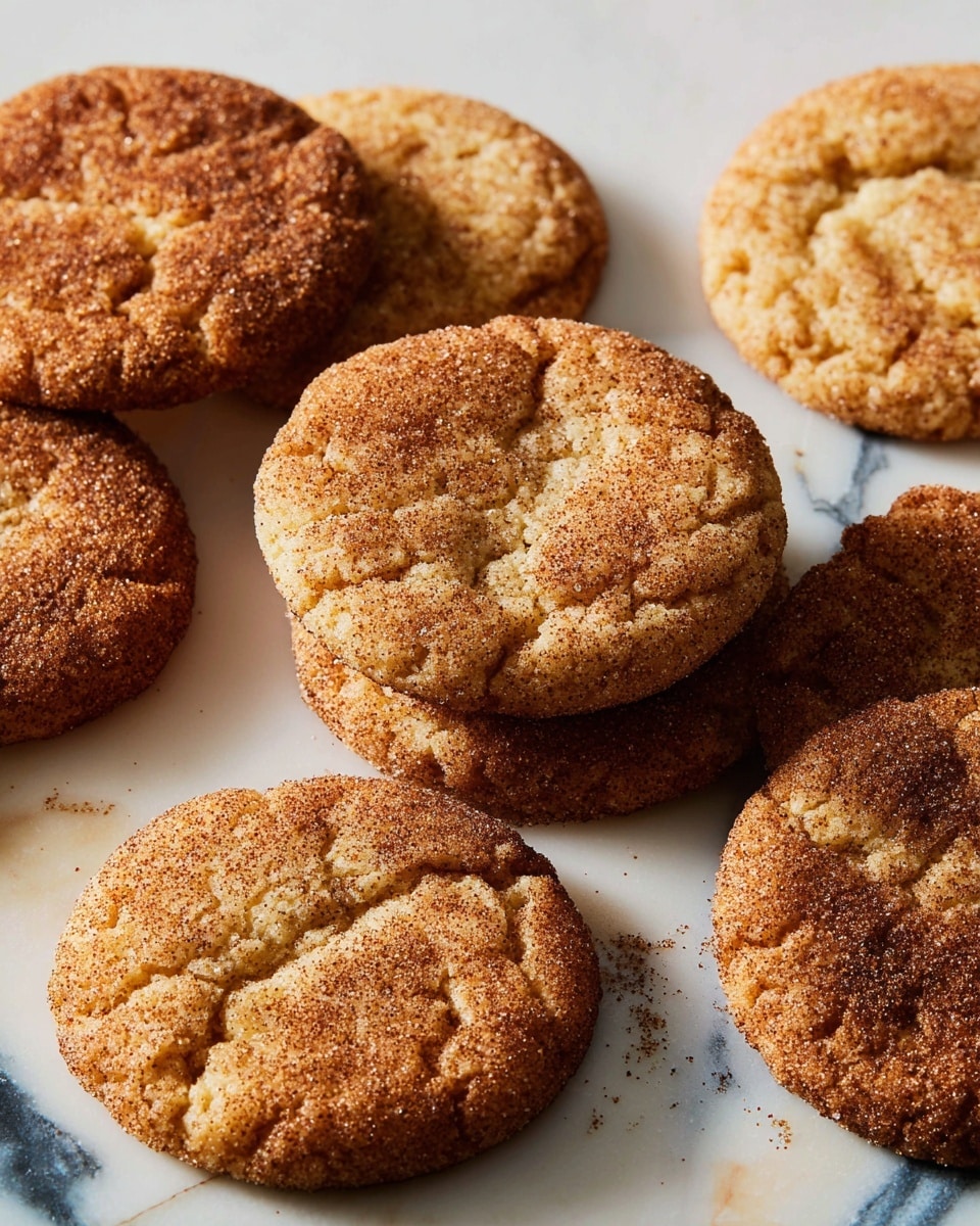 The image shows several round cookies placed on a white marbled surface with some pieces stacked close together. The cookies are golden-brown with a rough texture and small cracks on the surface, covered with a layer of cinnamon sugar giving them a speckled look. The edges of the cookies are slightly rough and cracked, showing a soft and crumbly inside. The cookies vary slightly in size and are arranged casually, with some overlapping a little. Photo taken with an iphone --ar 4:5 --v 7