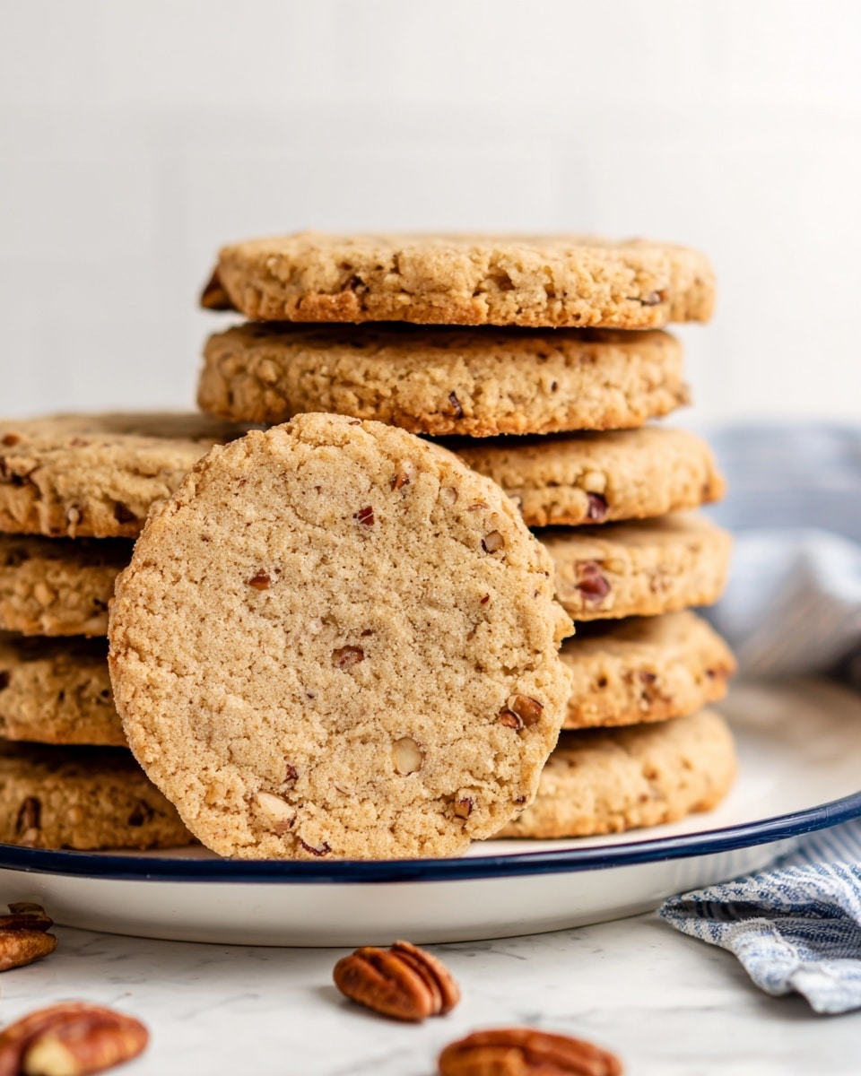 A stack of light brown cookies with visible pieces of pecans is placed on a white plate with a thin dark blue rim. The cookies are thick and round with a rough texture showing small nut bits embedded throughout. The stack has two rows, one in front showing a single cookie leaning against the pile, with more cookies stacked neatly behind it. The background is a clean white marbled surface with a few scattered pecans near the bottom edge and a cloth with blue stripes partially visible on the right side. The lighting is natural and soft, highlighting the cookie's crumbly texture. photo taken with an iphone --ar 4:5 --v 7