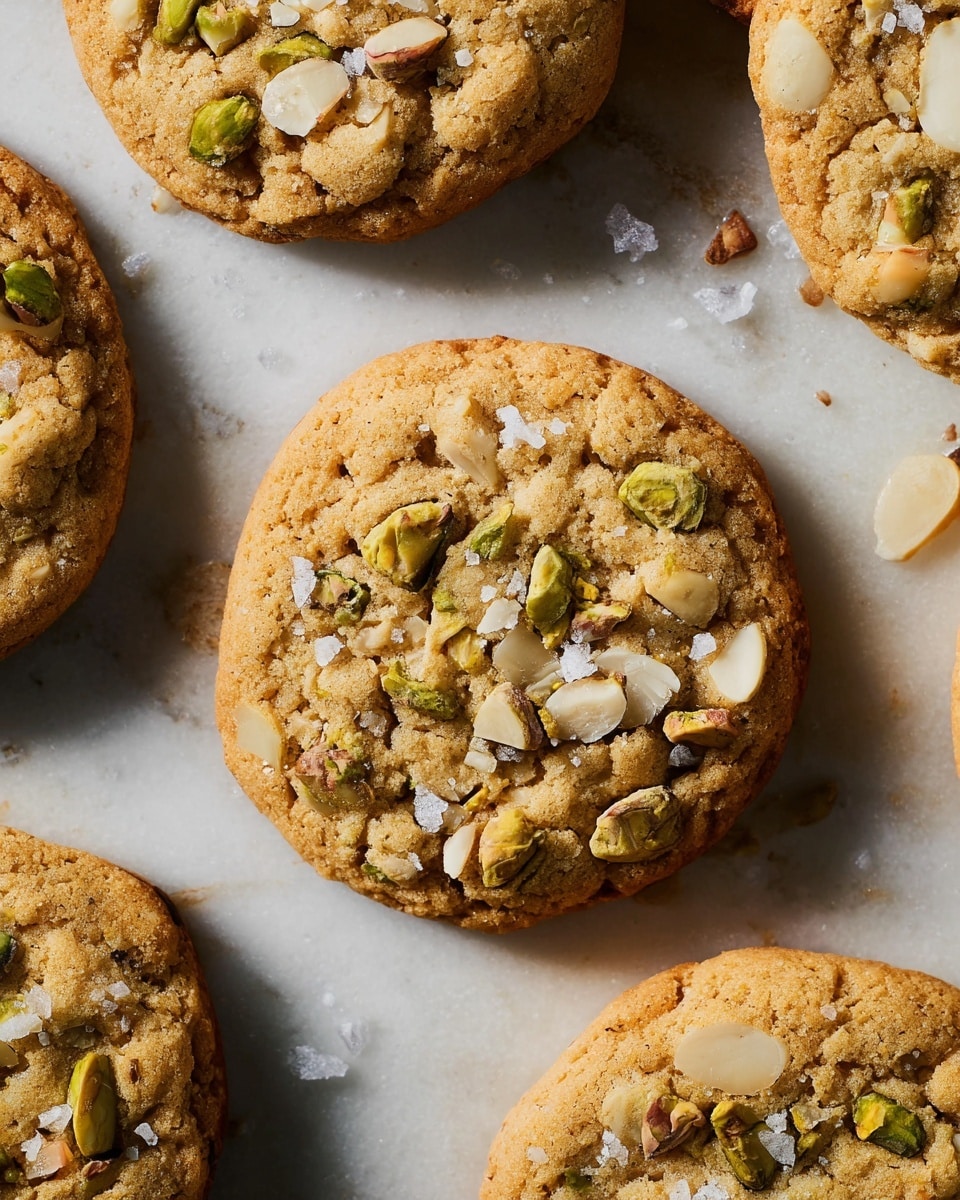 The image shows several round, golden brown cookies scattered on a white marbled surface. Each cookie has a textured top filled with light green pistachio pieces and creamy white almond slices, with some large flakes of white sea salt sprinkled on top. The cookies have a slightly crisp edge with a soft center that looks slightly cracked, giving a homemade and fresh-baked feel. The lighting highlights the rough, chunky texture of the nuts embedded inside the cookies. photo taken with an iphone --ar 4:5 --v 7