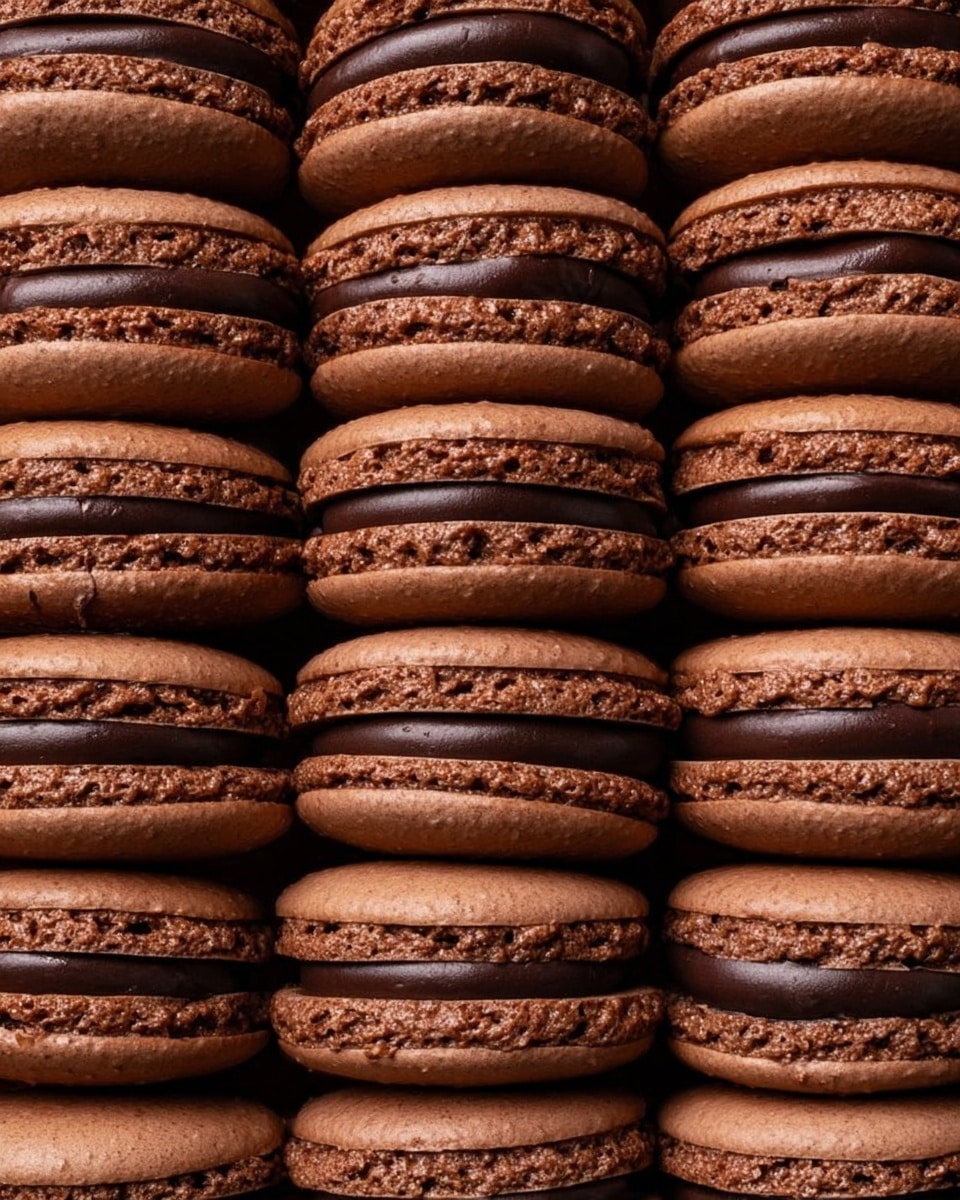 The image shows many chocolate macarons stacked tightly together in neat rows, filling the entire frame. Each macaron has two smooth, round, light brown cookie shells with a slightly rough edge texture. Between the shells, there is a thick, dark chocolate filling with a shiny, smooth surface. The macarons are uniform in size and shape, giving a very tidy and rich look. The view is close-up, showing the fine details and textures of the cookies and filling. photo taken with an iphone --ar 4:5 --v 7