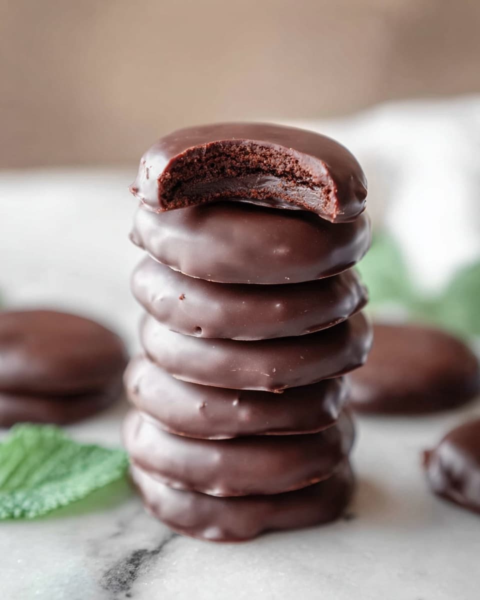 A stack of round chocolate cookies stands tall in the background on a white marbled surface, each cookie with a smooth, dark brown chocolate coating. In the foreground, two whole cookies lie flat, shiny and smooth, with one cookie broken in half resting on top, showing a soft and dense chocolate inside with a fine texture. A blurred glass of milk is visible behind the cookies, completing the cozy snack scene. photo taken with an iphone --ar 4:5 --v 7