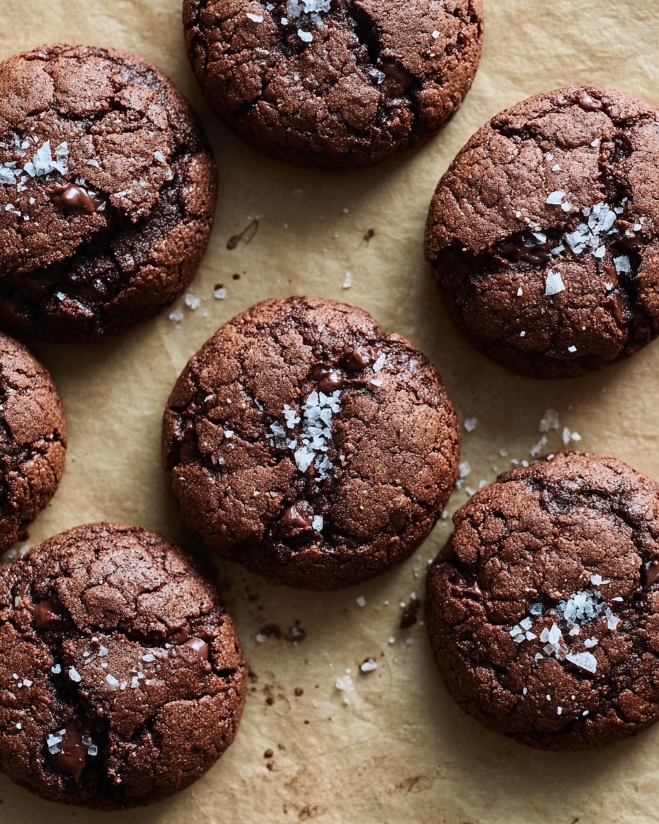 The image shows seven round, thick chocolate cookies with cracked surfaces and a rough texture. Each cookie is dark brown, and some have small chunks visible within the dough. On top of several cookies are small white salt flakes sprinkled unevenly. The cookies are placed close together on light brown parchment paper, which covers a flat surface. The background is a white marbled texture. photo taken with an iphone --ar 4:5 --v 7