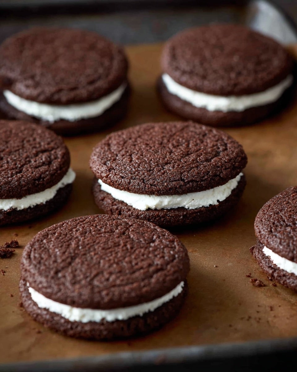 The image shows five round chocolate sandwich cookies placed on a brown baking tray. Each cookie has two dark brown textured cookie layers with a rough surface, and a thick white cream layer sandwiched evenly between them. The cookies are arranged closely but not touching each other, with the cookies in the front appearing larger and the ones in the back smaller due to perspective, photo taken with an iphone --ar 4:5 --v 7