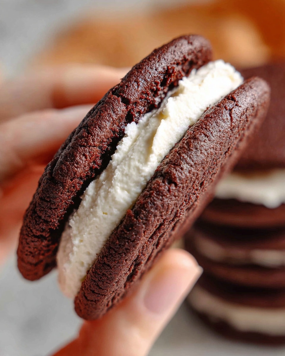 Two dark brown chocolate cookie layers sandwich a thick white creamy filling in the center. The cookies have a slightly rough texture with tiny cracks and uneven edges. The white cream inside looks soft and smooth, slightly rounded at the edges where the cookies press it. A woman's hand holds the sandwich gently from below, with blurred similar sandwiches stacked in the warm-toned background. The photo is taken with a white marbled surface softly visible behind. photo taken with an iphone --ar 4:5 --v 7
