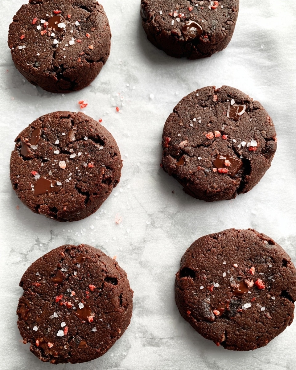 The image shows seven round chocolate cookies placed on white parchment paper with a white marbled surface underneath. Each cookie is dark brown with a rough texture and visible chunks of melted chocolate embedded in them. Some cookies have small red specks scattered throughout, and a light sprinkling of coarse white salt is seen on the surface of several cookies. The cookies are thick and slightly cracked, with uneven edges, arranged loosely in no strict pattern. photo taken with an iphone --ar 4:5 --v 7