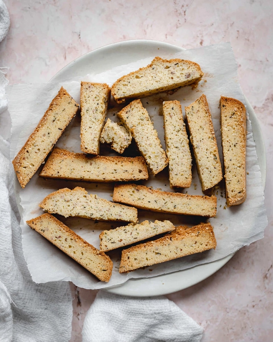 There are twelve pieces of rectangular baked biscotti with a light brown, slightly crunchy texture, and specks of herbs visible throughout. They are placed on a sheet of white parchment paper that rests on a round white plate. The plate is set on a soft white marbled surface with a folded white cloth towel partly underneath. The whole scene has a soft, natural light coming from above. Photo taken with an iphone --ar 4:5 --v 7