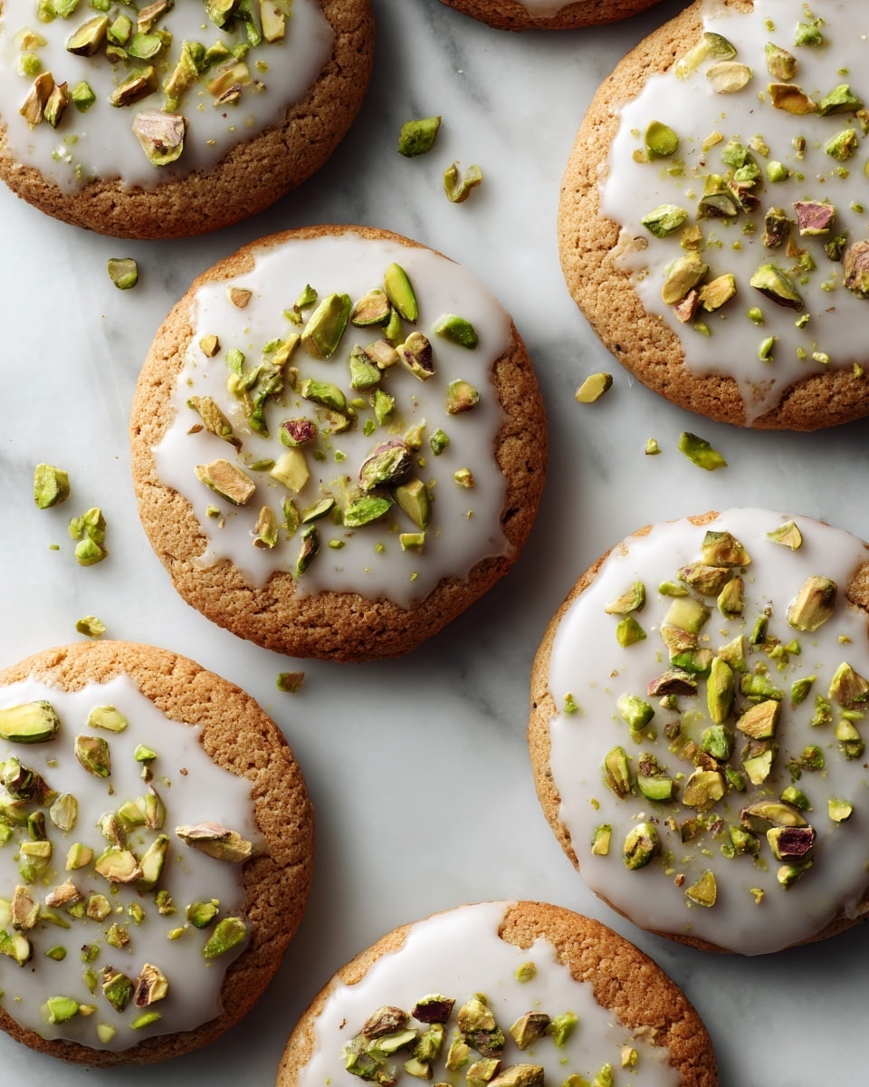 A grid of small round cookies arranged closely on a metal cooling rack, each cookie having a pale golden color with a slightly scalloped edge. On top of every cookie, there is a sprinkle of crushed pistachios that add a mix of green, brown, and beige hues, giving a textured appearance. The cooling rack is set on a wooden surface with visible grain patterns beneath. photo taken with an iphone --ar 4:5 --v 7