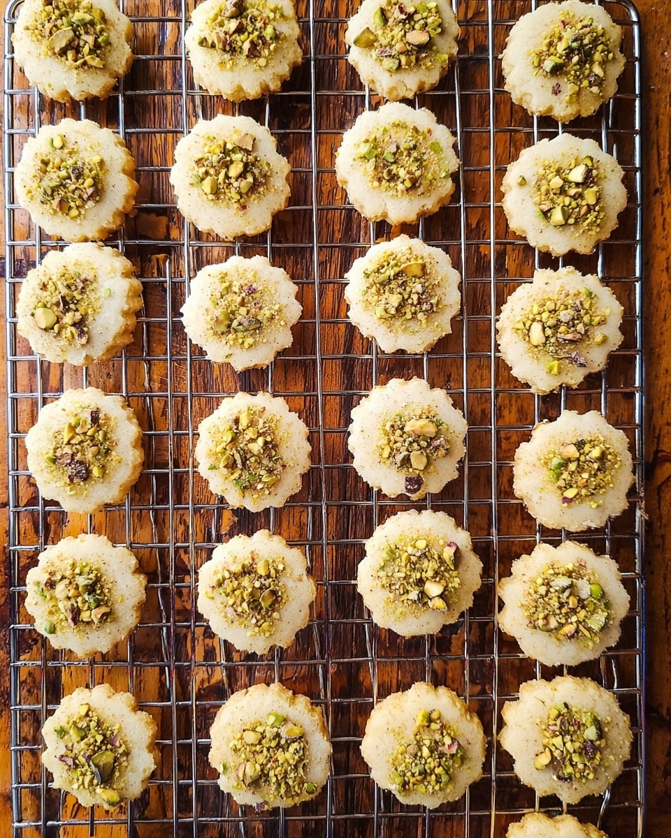 Six round cookies lie on a white marbled surface with a light green parchment, showing two layers each: the bottom layer is light golden brown with a smooth texture, and the top layer is a thin white glaze covering the cookie surface evenly; on top of the glaze, small chopped green and brown pistachio nuts are scattered unevenly for decoration. Photo taken with an iphone --ar 4:5 --v 7