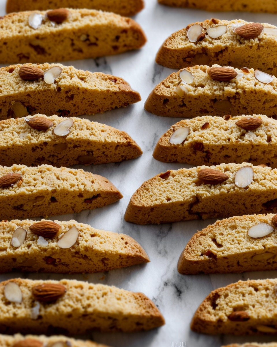 The image shows many almond biscotti arranged in rows on white parchment paper. Each biscotti is light brown with a crumbly texture and visible small chunks of almonds inside. A few whole almonds are placed on top of some biscotti, adding a rough, slightly shiny surface contrast. The biscotti pieces are cut into long, narrow, oval shapes with rounded edges. They are evenly spaced and placed on a flat surface with white marbled texture visible at the edges. photo taken with an iphone --ar 4:5 --v 7