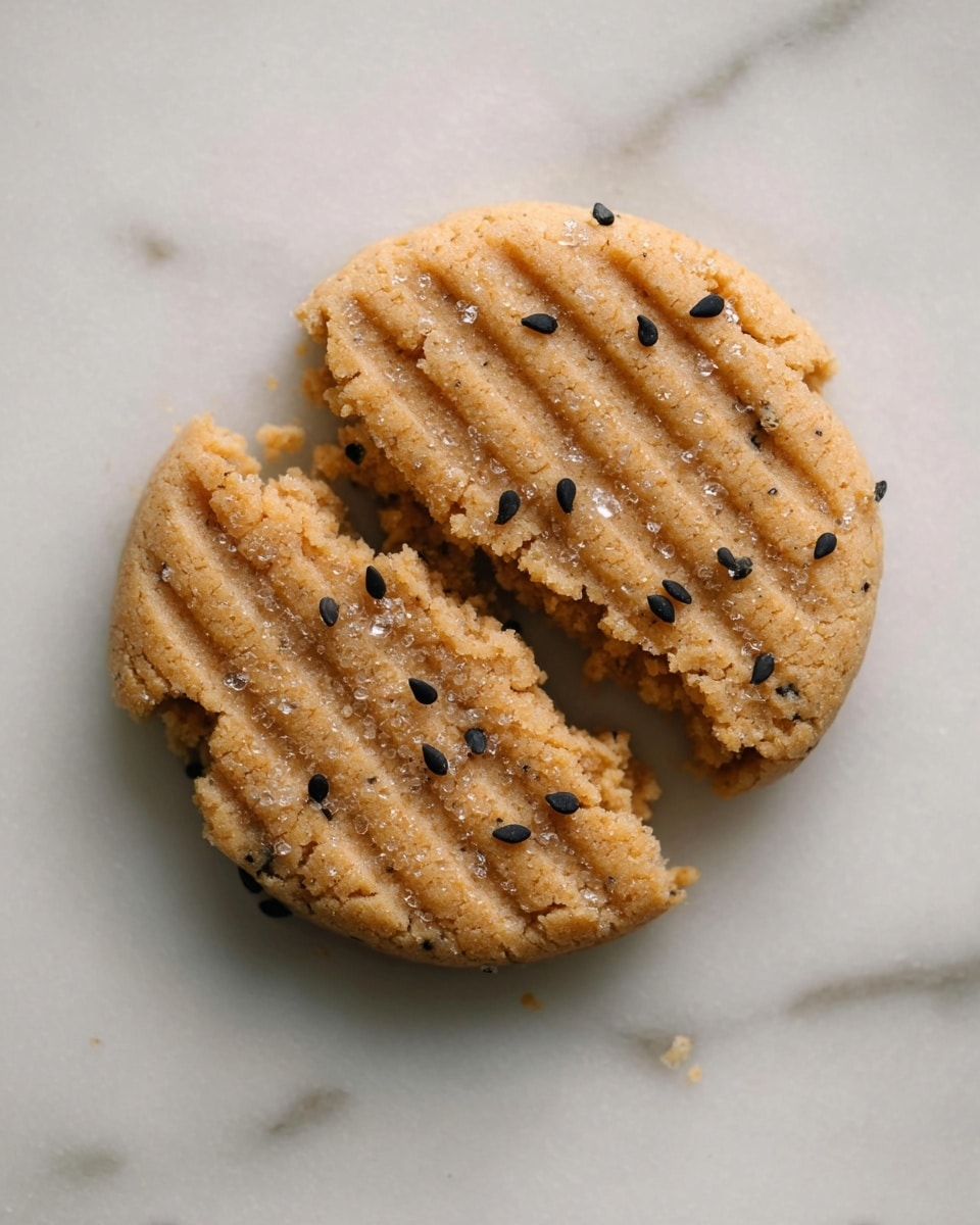 The image shows a single round, light brown cookie with visible sugar crystals on its surface, broken into two uneven pieces placed side by side on a white marbled surface. The cookie is textured with small black sesame seeds scattered evenly across it and has shallow, parallel ridge marks pressed into its top, creating a lined pattern. The edges of the cookie are slightly crumbly and irregular, showcasing its baked texture. Photo taken with an iphone --ar 4:5 --v 7